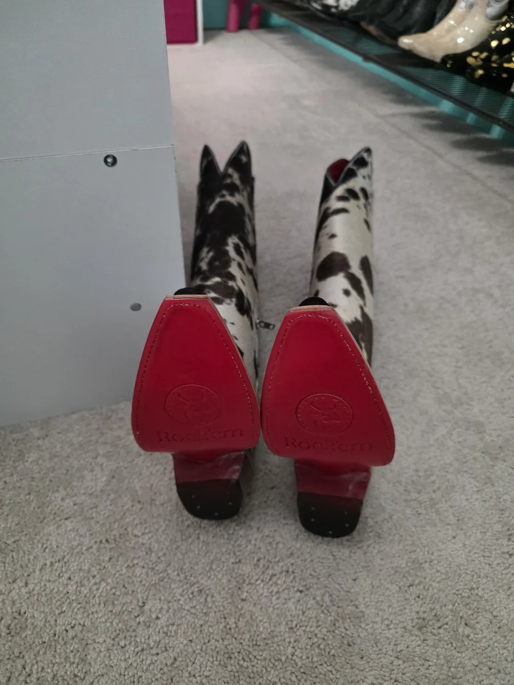 Rock'em Cowhide Tall Boots in Brown & White with Red Interior WIDE CALF
